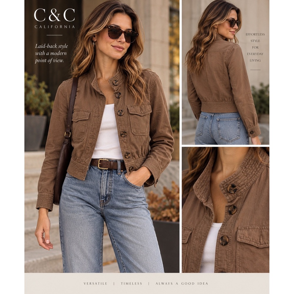C&C California Womens S Brown Linen Lyocell Cropped Utility Jacket Button Front